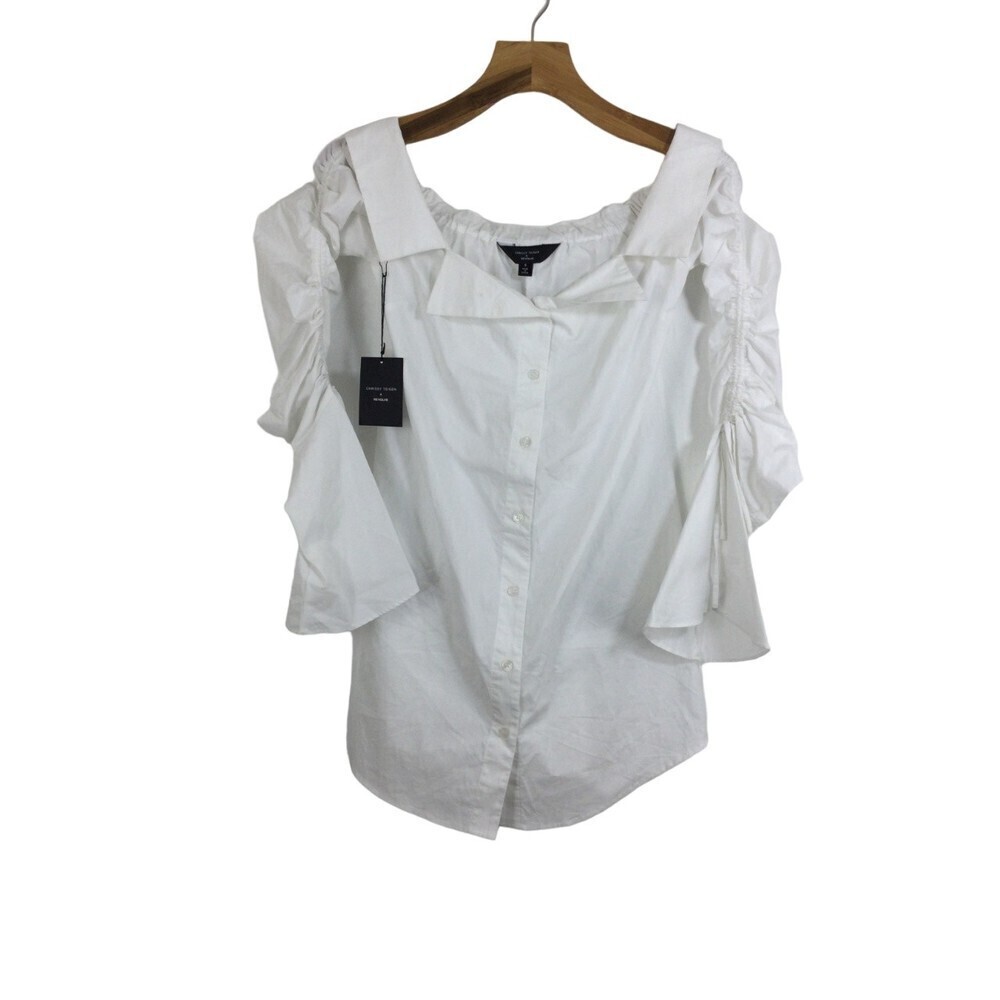 Chrissy Teigen x Revolve Legend Ruched Sleeve Tie Button Down Dress White S NWT